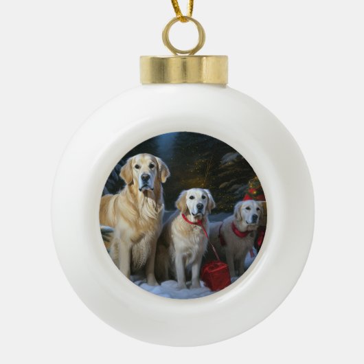 Gouden Retriever Sneeuwslee Kerst Decor Keramische Bal Ornament (Voorkant)