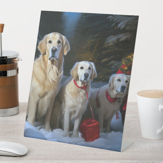 Gouden Retriever Sneeuwslee Kerst Decor Reclamebord Met Voetstuk (Insitu)