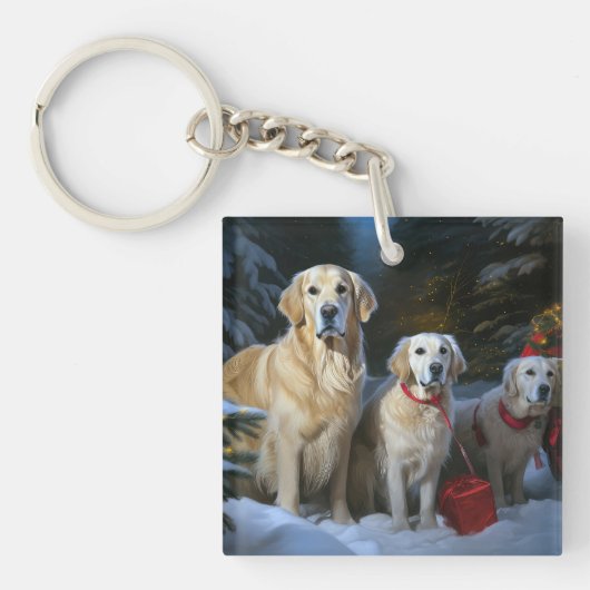 Gouden Retriever Sneeuwslee Kerst Decor Sleutelhanger (Voorkant)