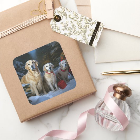 Gouden Retriever Sneeuwslee Kerst Decor Vierkante Sticker (Geschenken)