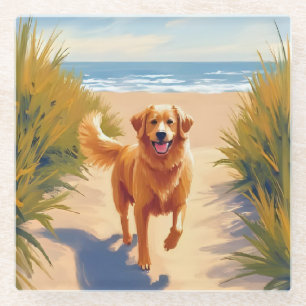 Gouden Retriever Strandpad Ocean Dog Huisdier Glazen Onderzetter