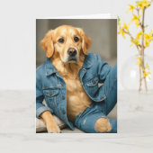 Gouden Retriever Verjaardag in Blue Jeans Kaart (Gele Bloem)