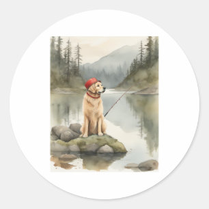 Gouden Retriever Vissen Vintage T-shirt Ontwerp vo Ronde Sticker