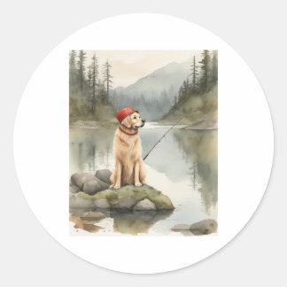 Gouden Retriever Vissen Vintage T-shirt Ontwerp vo Ronde Sticker