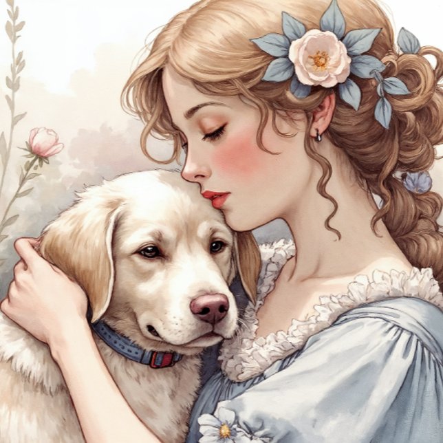 Gouden Retriever Worp Kussen (A gentle close-up of a young woman embracing a golden retriever.)