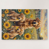 Gouden Retriever Zonnebloem Weide Kunst Legpuzzel (Horizontaal)