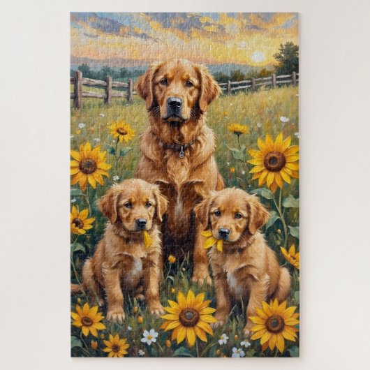 Gouden Retriever Zonnebloem Weide Kunst Legpuzzel (Verticaal)