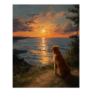 Gouden Retriever Zonsondergang Oceaan Uitzicht Kun Perfect Poster