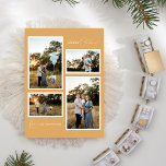 Gouden Retro Boho Minimalistische Vier Fotocollage Feestdagenkaart<br><div class="desc">Deze Gold Retro Boho Minimalist Four Photo Collage Holiday Kaart design heeft een zacht en warm decor van gedempt mosterdgoud met een elegante combinatie van eenvoudige typografie en delicaat script met de groeten van het seizoen van "Merry Christmas". Deze mooie minimale stijl is een perfect gepolijste esthetiek voor uw dierbaren...</div>