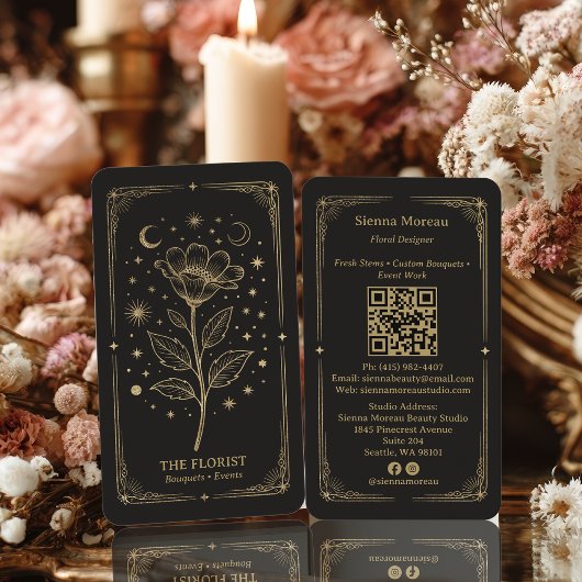 Gouden Retro Celestial Tarot Bloemist QR Code Visitekaartje