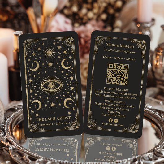 Gouden Retro Celestial Tarot Wimperstylist QR Code Visitekaartje