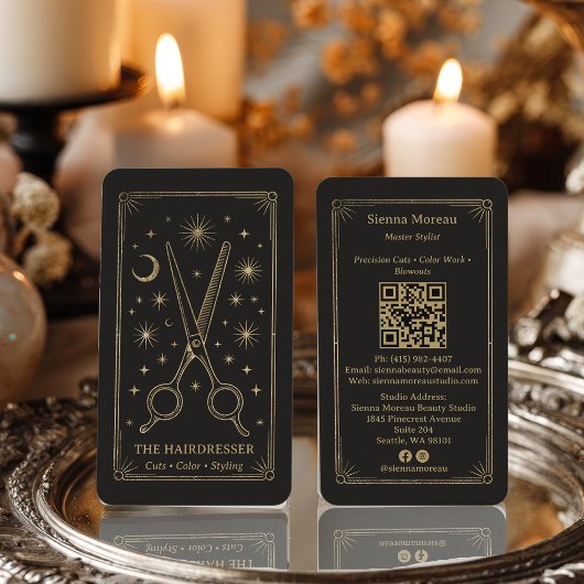 Gouden Retro Celestiale Tarot Kapsalon QR Code Visitekaartje