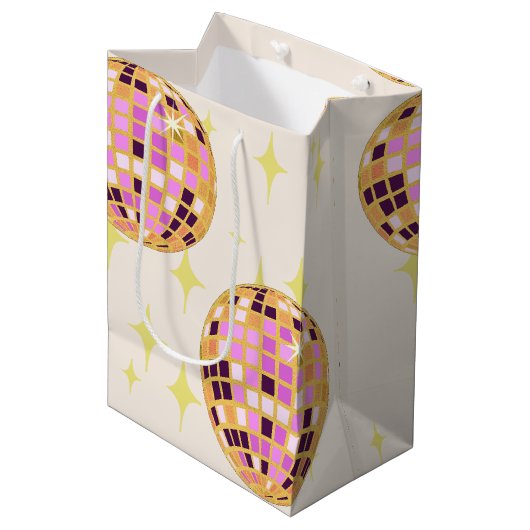 Gouden Retro Disco Ball Beige Medium Cadeauzakje (Voorkant Gekanteld)
