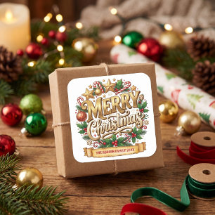 Gouden Retro Prettig Kerstmis Familienaam Vierkante Sticker