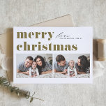 Gouden Retro Typografie Vrolijk Kerstfeest Twee Fo Feestdagen Kaart<br><div class="desc">vrolijk kerstfeest! Stuur uw kerstgroeten naar familie en vrienden met deze aanpasbare kerstkaart. Het is een retro-gedurfde typografie. Personaliseer door uw gegevens toe te voegen. Deze kerstkaart is beschikbaar op andere kaarten. Overeenkomende objecten zijn beschikbaar.</div>