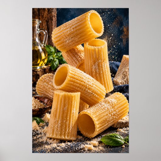 Gouden Rigatoni Pasta met Verse Basilicum – Rustic Poster (Voorkant)