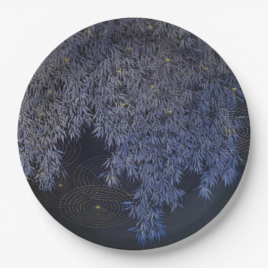 Gouden rimpels Blauw gekleurde bladeren ingewikkel Papieren Bordje (Voorkant)