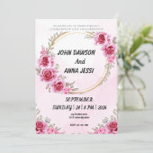 Gouden ring roze roos moderne bruiloft uitnodiging (Staand voorkant)