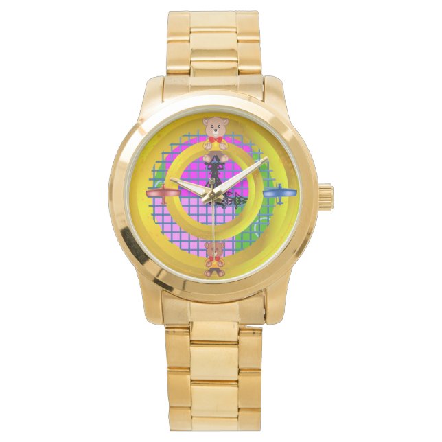 Gouden Ring Vlak Bowtie Teddy Bear geometrisch Horloge (Voorkant)