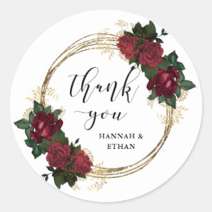 Gouden ringen en rode rozen Dank u Ronde Sticker