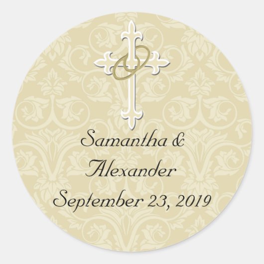 Gouden ringen met kruis, Christelijk envelopzegel Ronde Sticker (Voorkant)