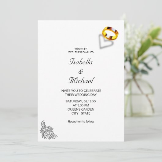 Gouden ringen op zwart & wit bruiloft kaart (Staand voorkant)