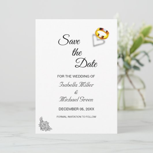 Gouden ringen op zwart wit bruiloft Save the Date Kaart (Staand voorkant)