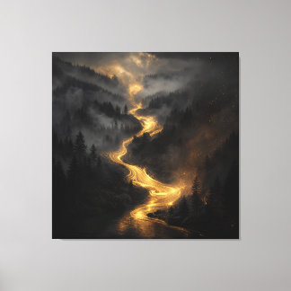 Gouden rivier door het nevelige bos – Luxe  Canvas Afdruk