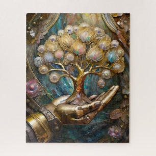 Gouden Robot Hand die Gouden Boom des Levens Vasth Legpuzzel