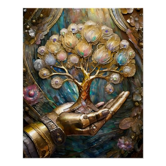 Gouden Robot Hand die Gouden Boom des Levens Vasth Perfect Poster (Voorkant)