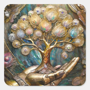 Gouden Robot Hand die Gouden Boom des Levens Vasth Vierkante Sticker