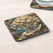 Gouden Robot Hand met Gouden Boom des Levens Bier Onderzetter (Linkerzijde)