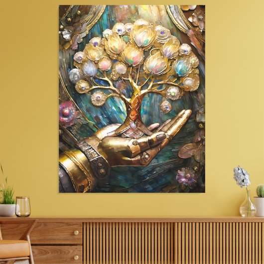 Gouden Robot Hand met Gouden Boom des Levens Canvas Afdruk (Insitu (Woonkamer))