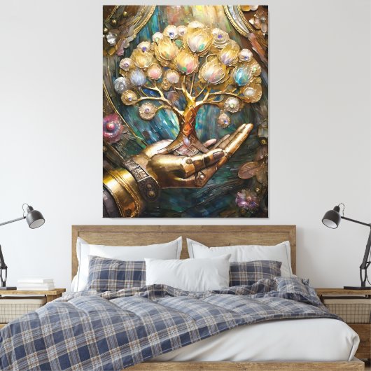 Gouden Robot Hand met Gouden Boom des Levens Canvas Afdruk (Insitu (Slaapkamer))