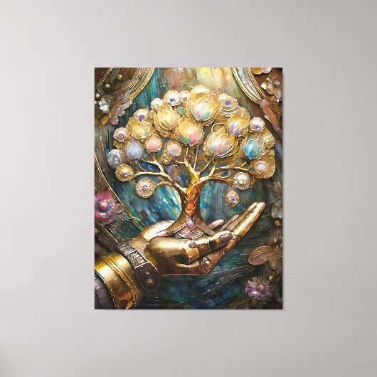 Gouden Robot Hand met Gouden Boom des Levens Canvas Afdruk (Voorkant)