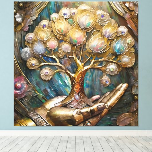 Gouden Robot Hand met Gouden Boom des Levens Canvas Afdruk (Insitu (Houten vloer))