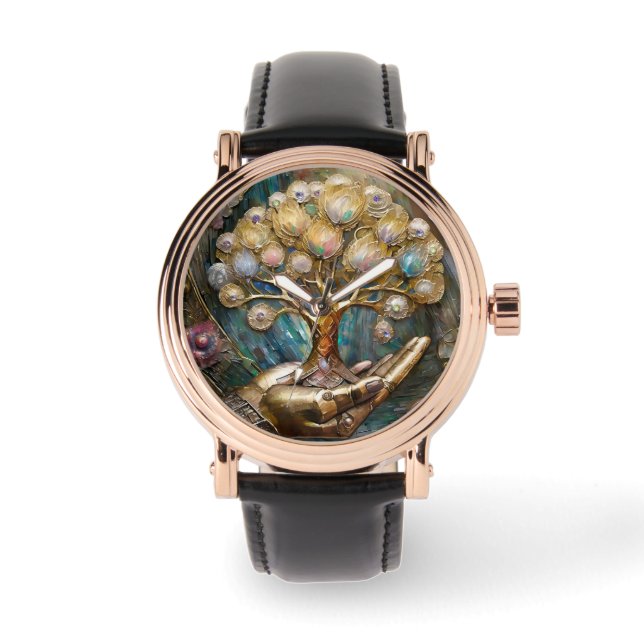 Gouden Robot Hand met Gouden Boom des Levens Horloge (Voorkant)