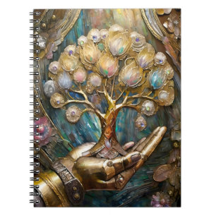 Gouden Robot Hand met Gouden Boom des Levens Notitieboek