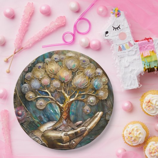 Gouden Robot Hand met Gouden Boom des Levens Papieren Bordje (Feest)