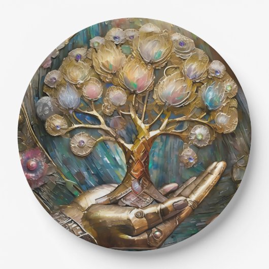 Gouden Robot Hand met Gouden Boom des Levens Papieren Bordje (Voorkant)