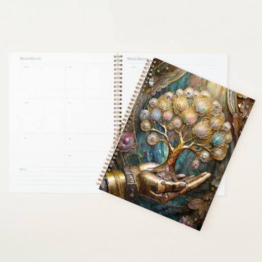 Gouden Robot Hand met Gouden Boom des Levens Planner (Display)
