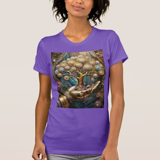 Gouden Robot Hand met Gouden Boom des Levens T-shirt (Voorkant)