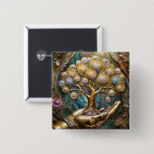 Gouden Robot Hand met Gouden Boom des Levens Vierkante Button 5,1 Cm (Voorkant /achterkant)