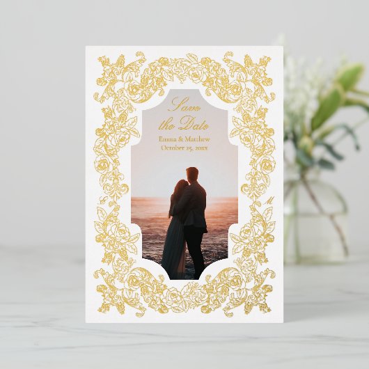 Gouden Rococo Foto Opslaan van de datum Folie Uitnodiging (Staand Voorkant)