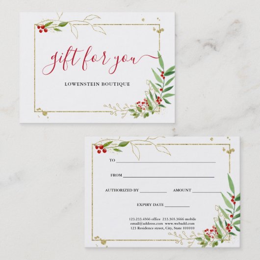 Gouden Rode Berry Kerstcadeau Certificaat (Voorkant / Achterkant)
