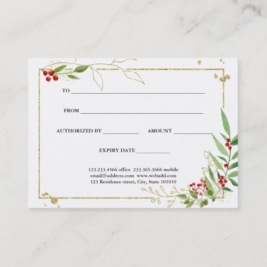 Gouden Rode Berry Kerstcadeau Certificaat (Achterkant)