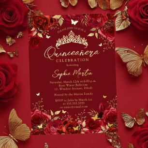 Gouden Rode Betoverende Bloemvlinder Quinceanera Folie Uitnodiging