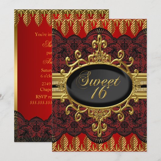 Gouden Rode Blad Kant Zoete 16 Feest Uitnodiging (Voorkant / Achterkant)