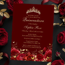 Gouden Rode Bloem Vlinder Tiara Quinceanera Folie Uitnodiging