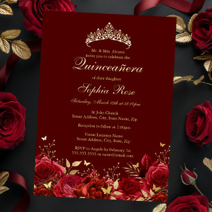 Gouden Rode Bloem Vlinder Tiara Quinceanera Folie Uitnodiging